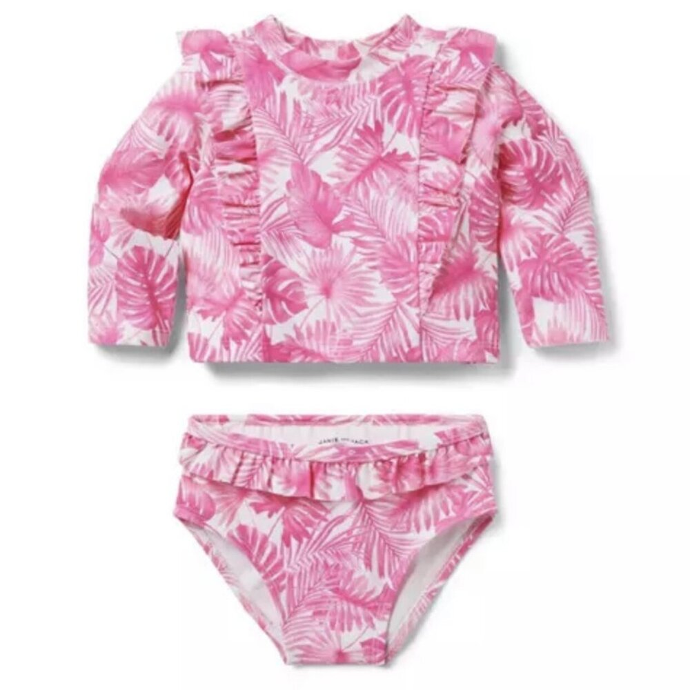 Janie And Jack Palm Leaf Rash Guard Swimsuit Pink White 18-24 Mons